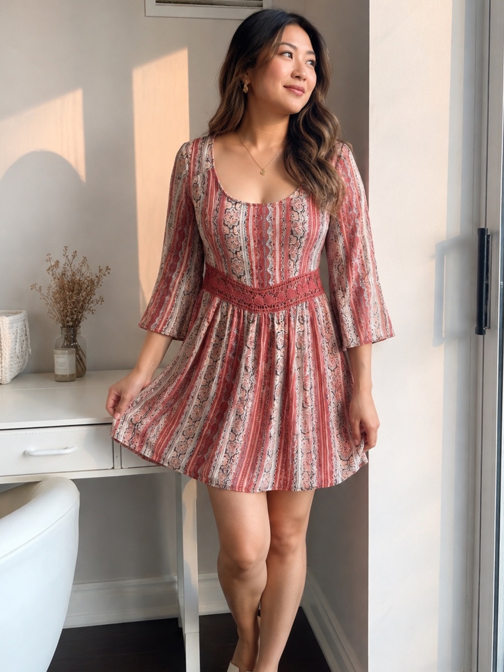 Hollister Dusty Rose Striped Lace-Trim Mini Dress